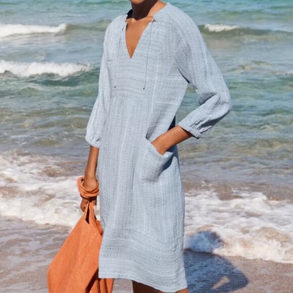 Poetry Striped Blue Dress High Twist Linen Cotton size 14 - Picture 1 of 7